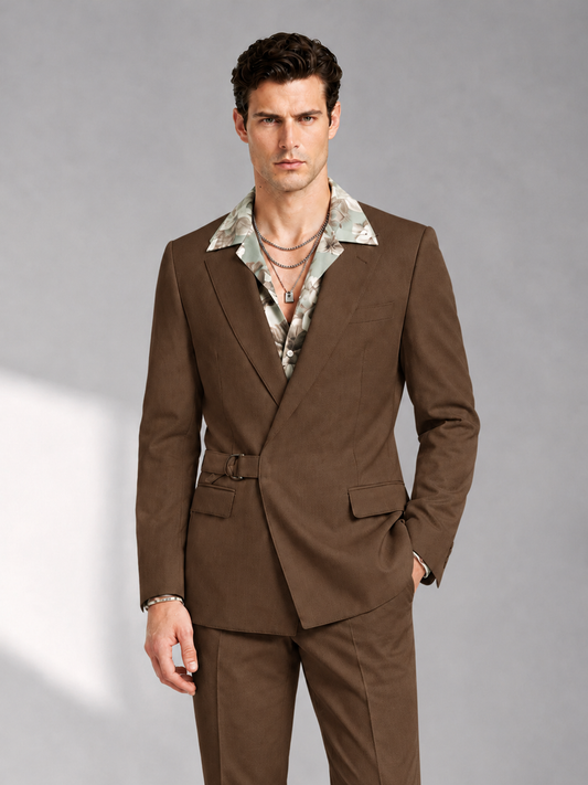 Savile Men's Brown Belted Wrap 2-Piece Suit – Peak Lapel Blazer & Tailored Trousers - SUC060 - Brown - Brown_1