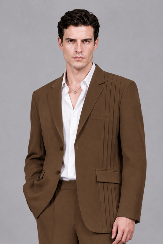 Savile Men's Brown Pleated 2-Piece Suit Set | Notch Lapel Blazer & Tailored Trousers - Brown - Brown_1