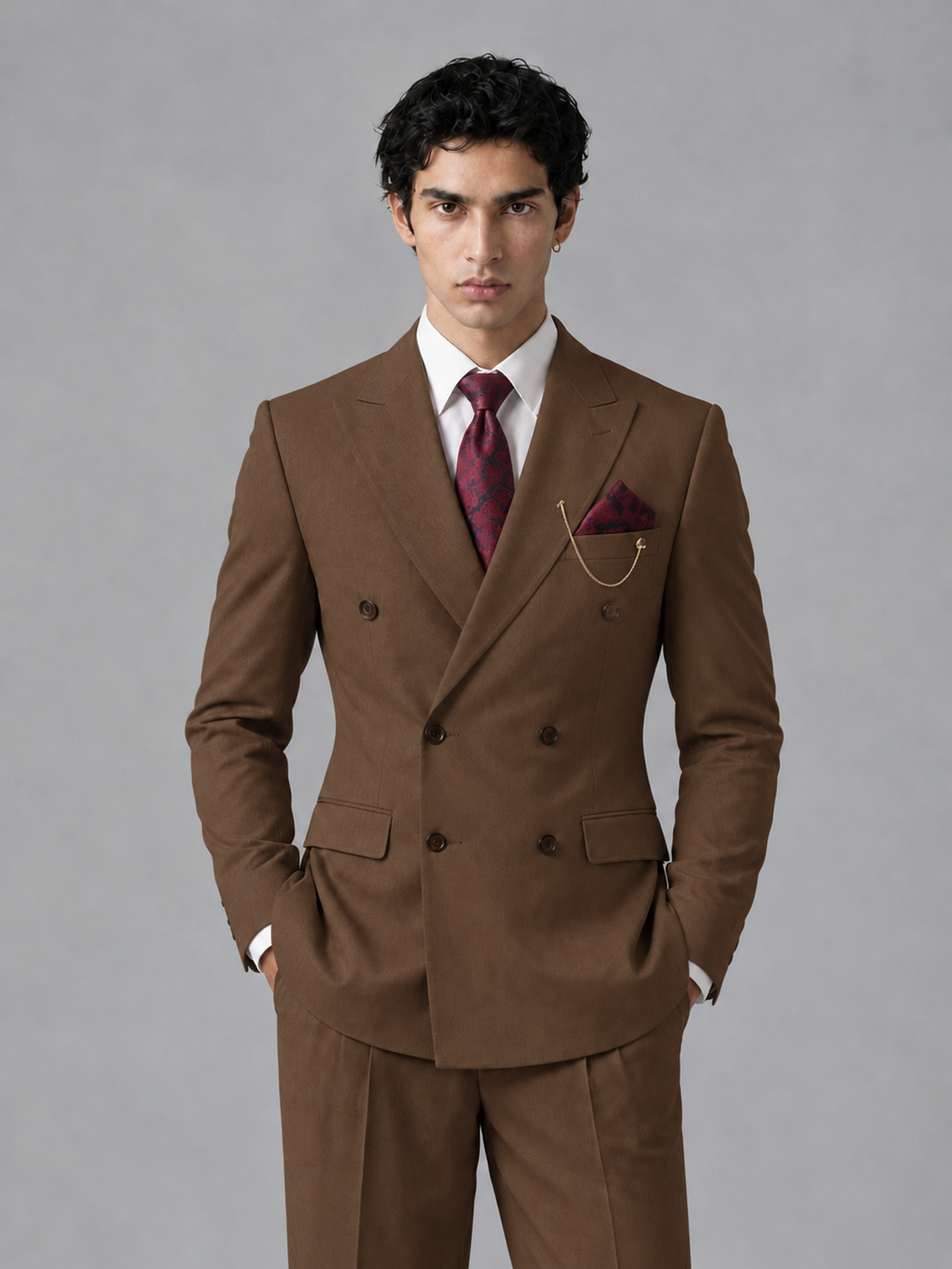 Savile Men's Brown Double-Breasted 2-Piece Suit Set – Peak Lapel Blazer & Pleated Wide-Leg Trousers - Brown - Brown_1