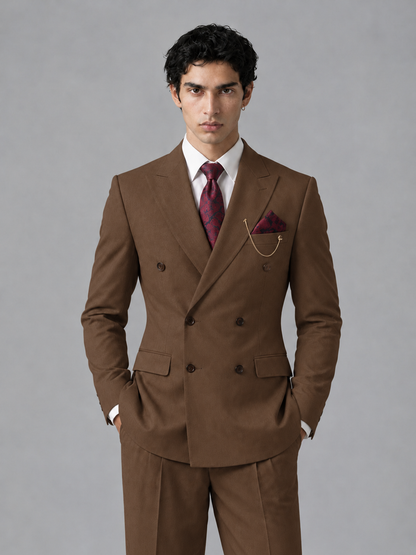 Savile Men's Brown Double-Breasted 2-Piece Suit Set – Peak Lapel Blazer & Pleated Wide-Leg Trousers - Brown - Brown_1