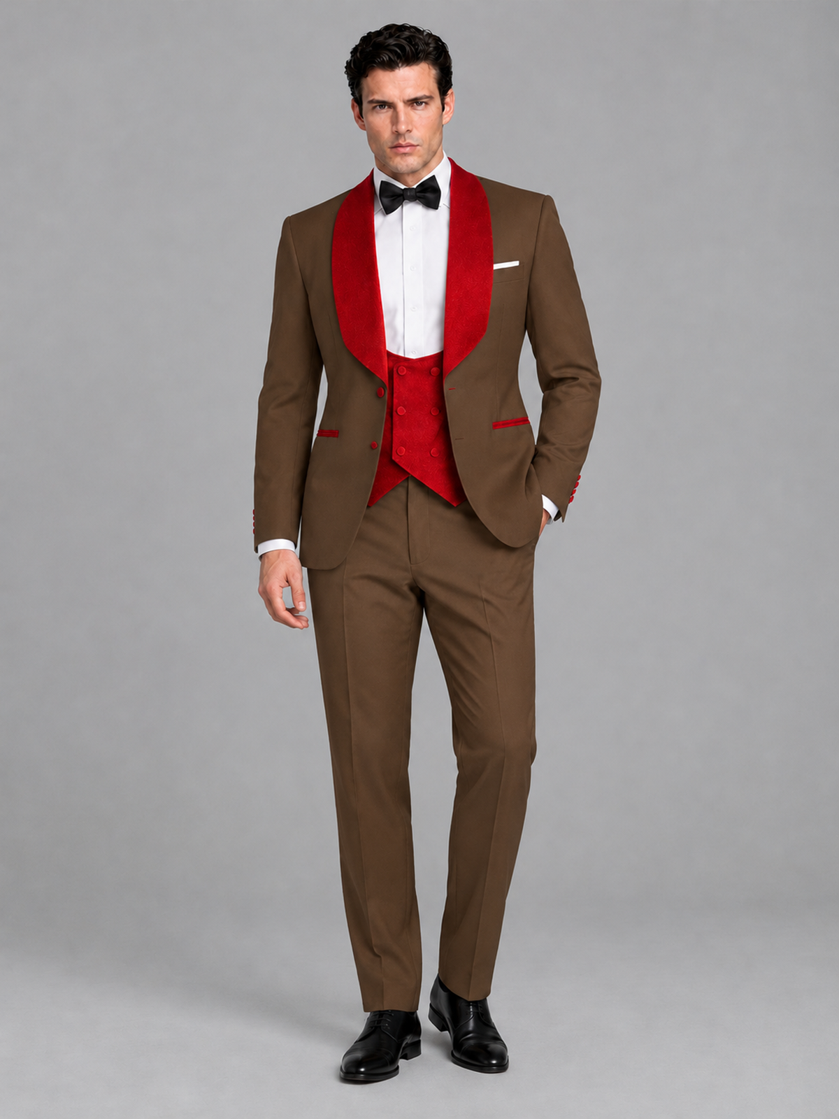 Savile Men's Brown 3-Piece Tuxedo Suit Set – Contrast Red Shawl Lapel Blazer, Red Waistcoat & Trousers - SUC020 - Brown