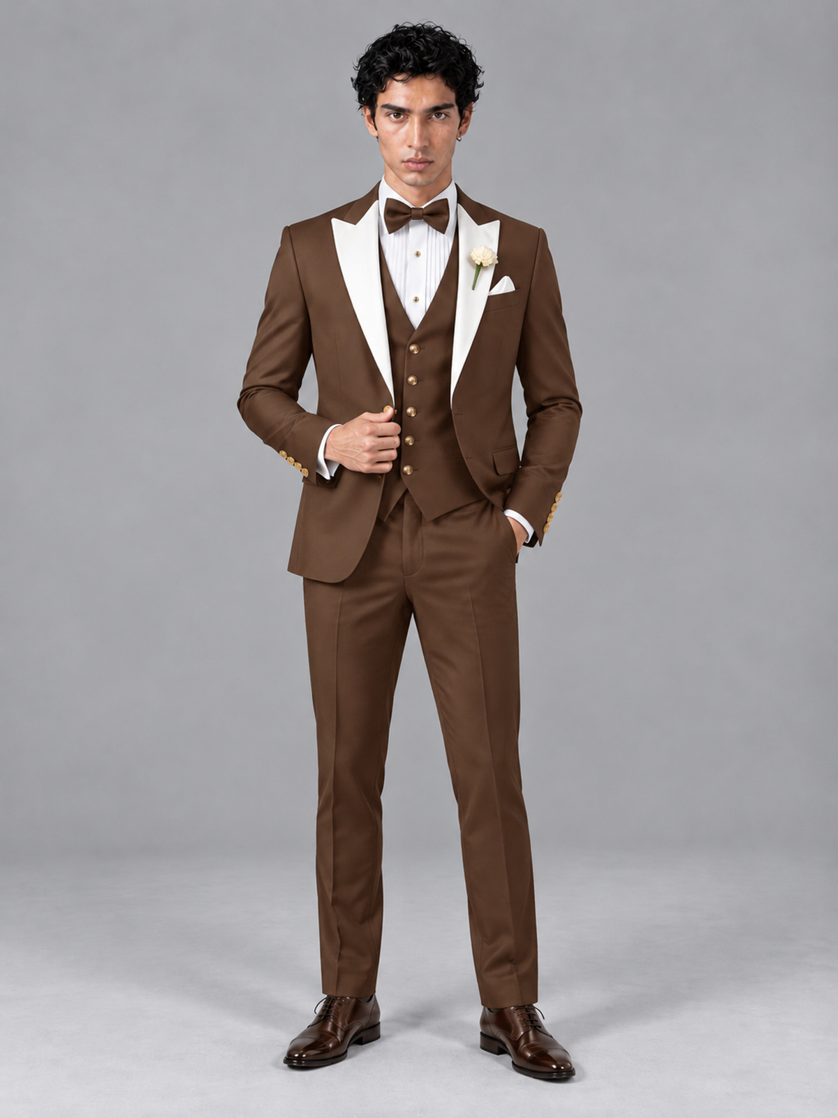 Savile Men's Brown Contrast White Peak Lapel 3-Piece Tuxedo Suit - Brown