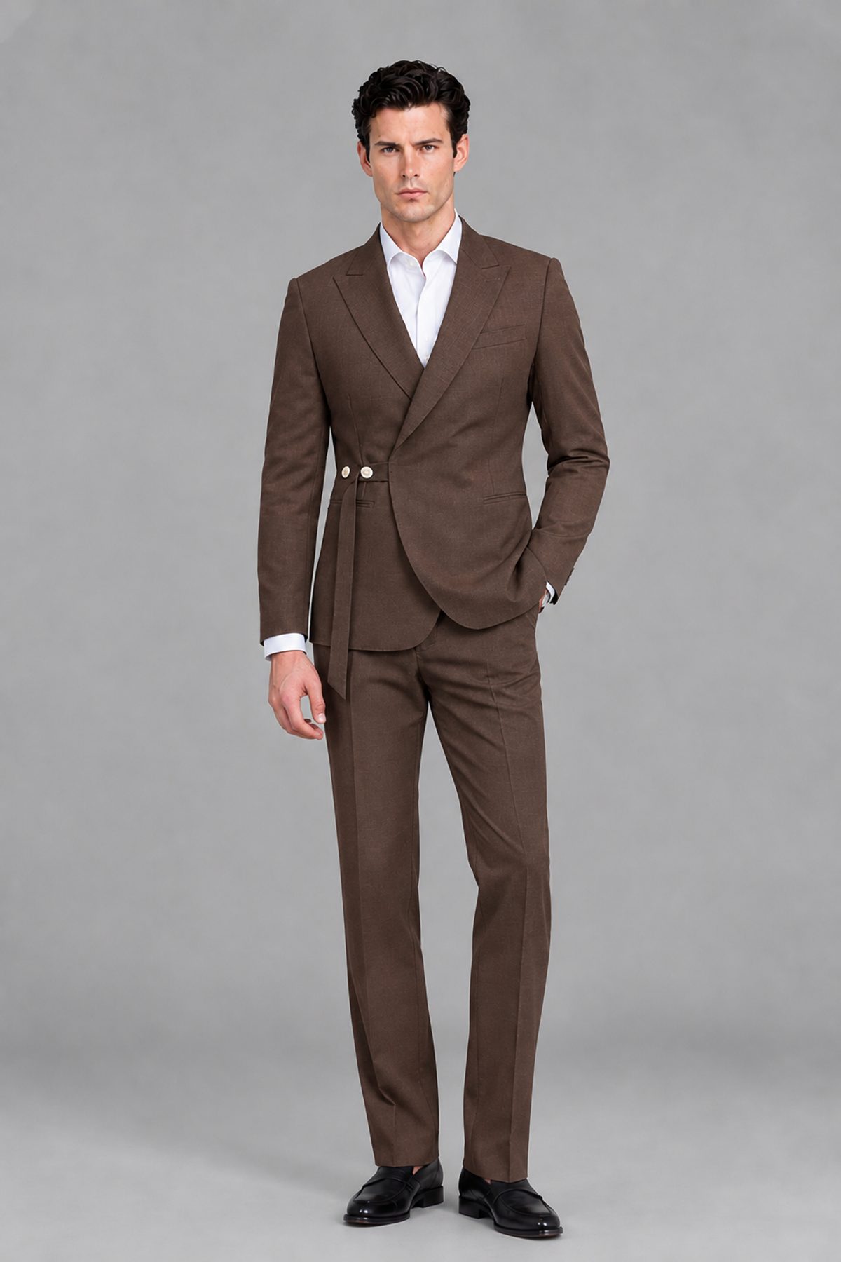 Savile Men's Modern Brown 2-Piece Wrap Suit Set – Peak Lapel Side-Button Blazer & Tailored Trousers - Brown - Brown_2