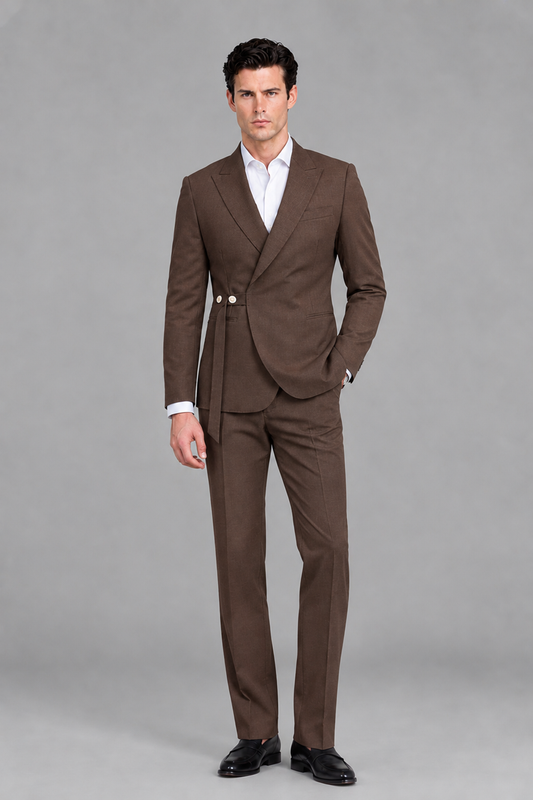 Savile Men's Modern Brown 2-Piece Wrap Suit Set – Peak Lapel Side-Button Blazer & Tailored Trousers - Brown - Brown_2