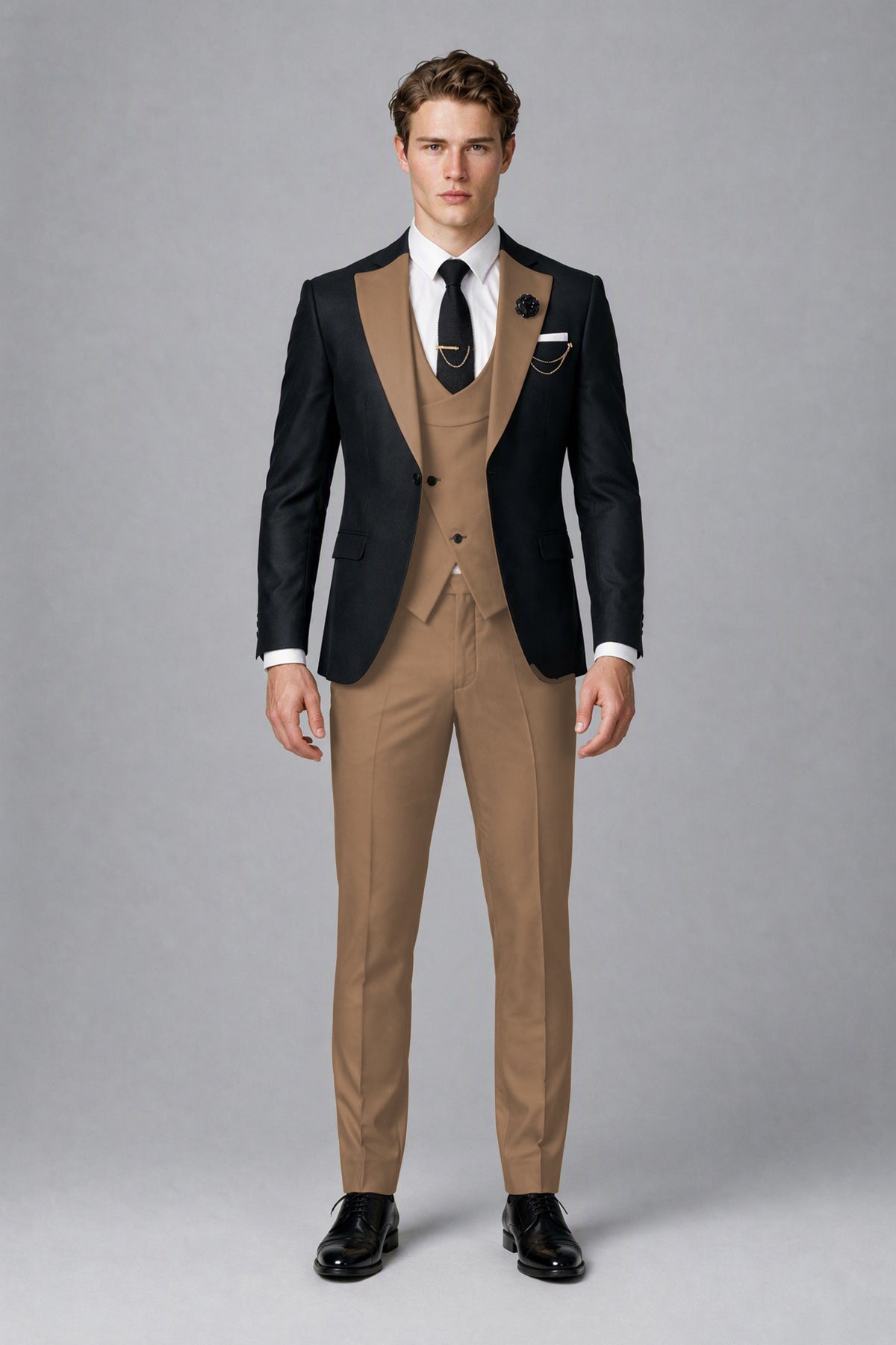 Savile Men's Black & Brown Three-Piece Wedding Suit - Brown