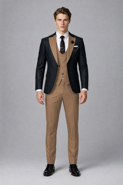 Savile Men's Black & Brown Three-Piece Wedding Suit - Brown