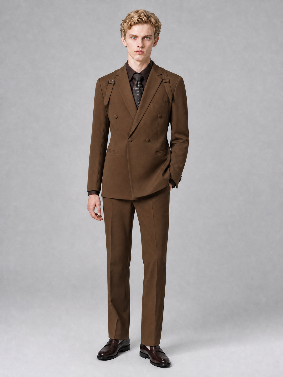 Men's Light Brown Double-Breasted Slim Fit 2-Piece Suit – Peak Lapel Wedding & Business Formal Set - Brown - Brown_2