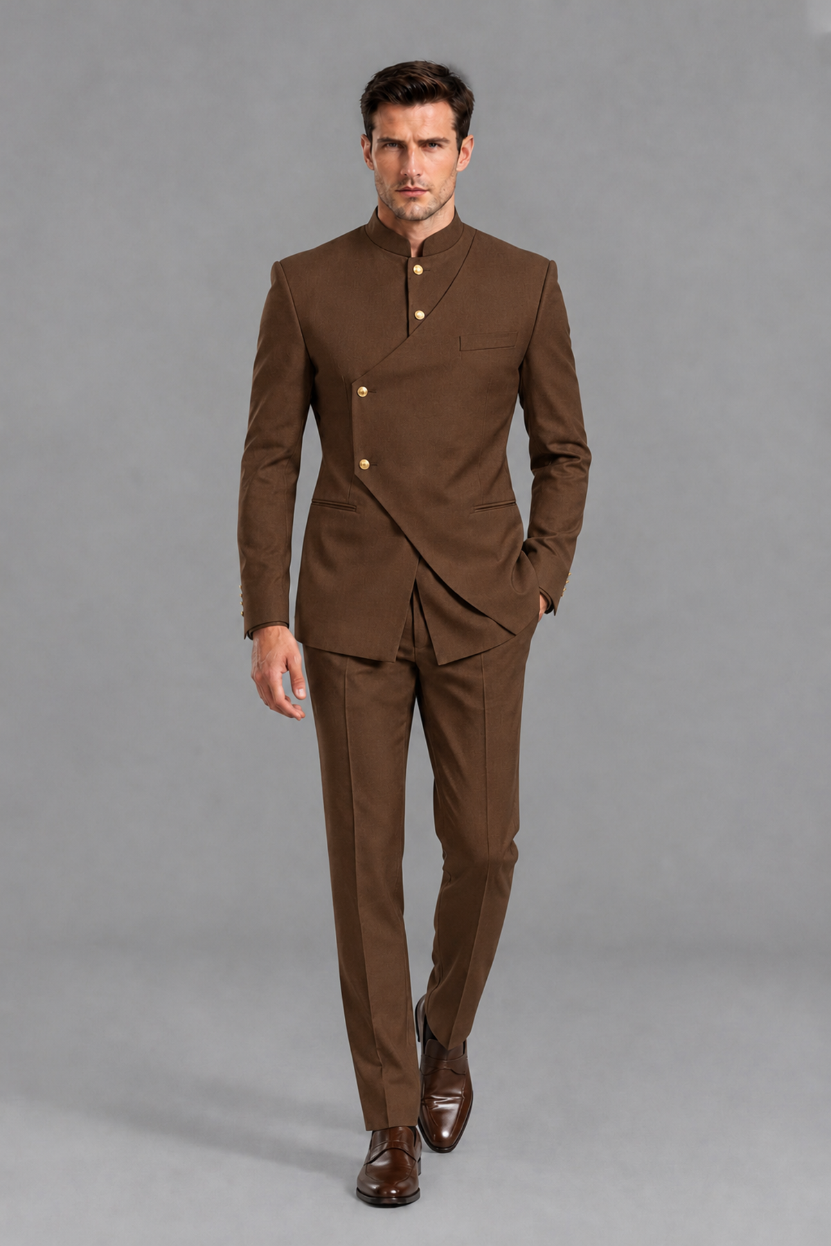 Savile Men's Brown Asymmetrical Mandarin Collar Tuxedo Suit – Modern 2-Piece Gold Button Wedding, Prom & Gala Set - Brown - Brown_2