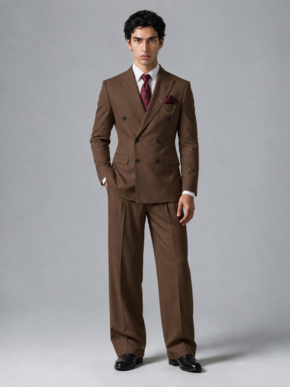 Savile Men's Brown Double-Breasted 2-Piece Suit Set – Peak Lapel Blazer & Pleated Wide-Leg Trousers - Brown - Brown_2