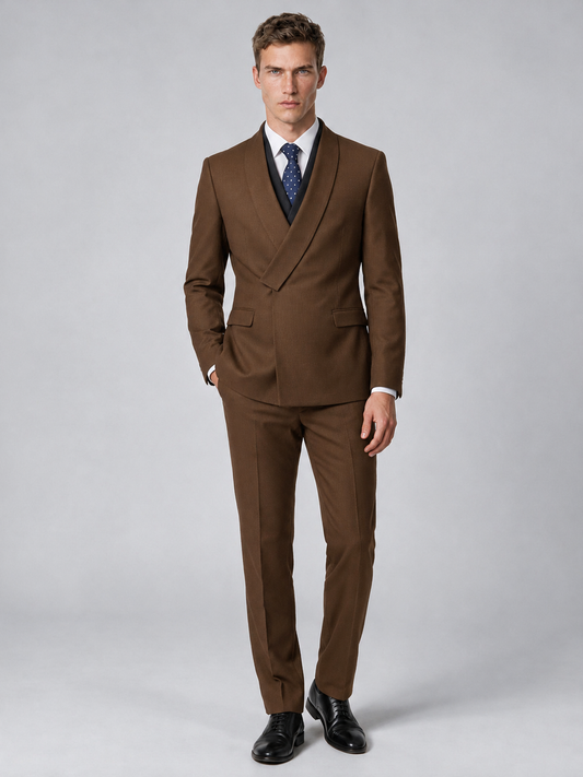 Savile Men's Brown Wrap Shawl Lapel 2-Piece Suit Set – Modern Jacket & Trousers - Brown - Brown_2