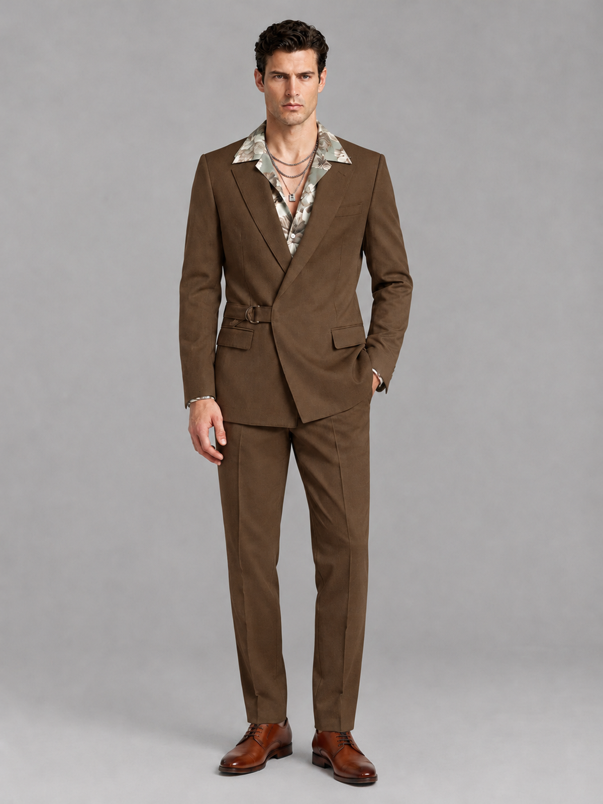 Savile Men's Brown Belted Wrap 2-Piece Suit – Peak Lapel Blazer & Tailored Trousers - SUC060 - Brown - Brown_2