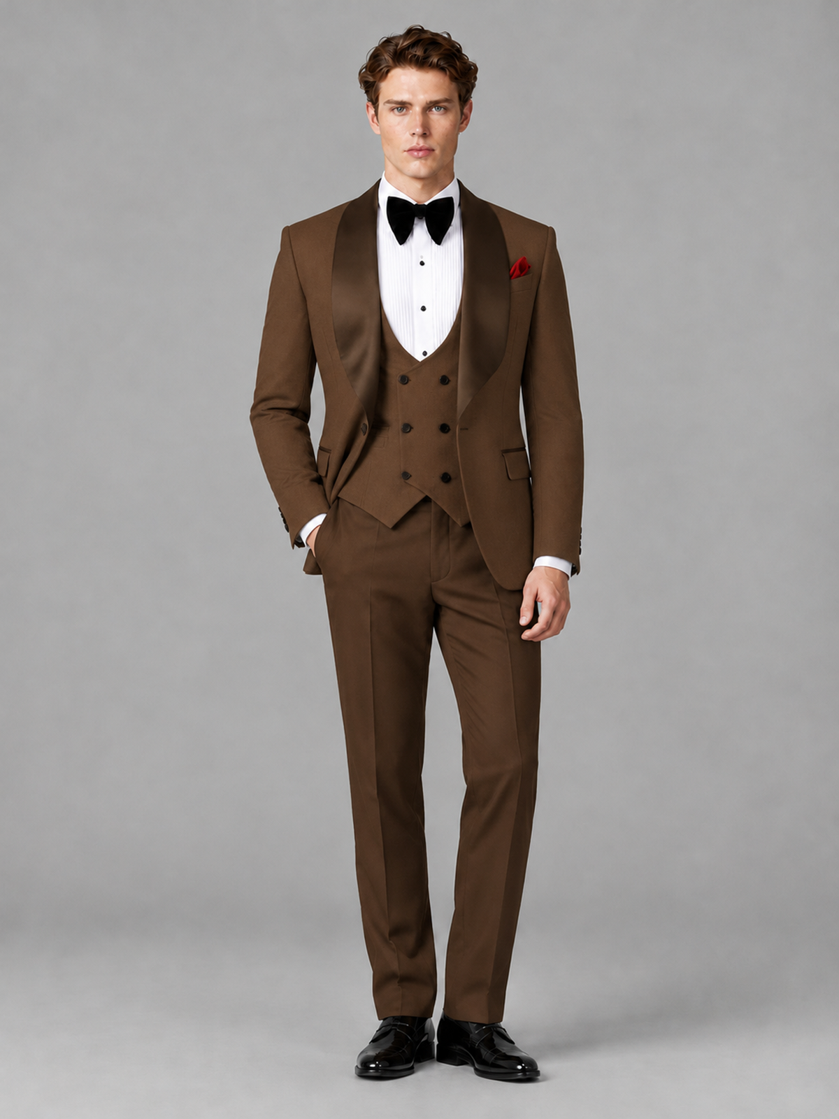 Savile Men's Brown Houndstooth Shawl Lapel 3-Piece Tuxedo Suit Set – Jacket, Vest & Trousers - Brown