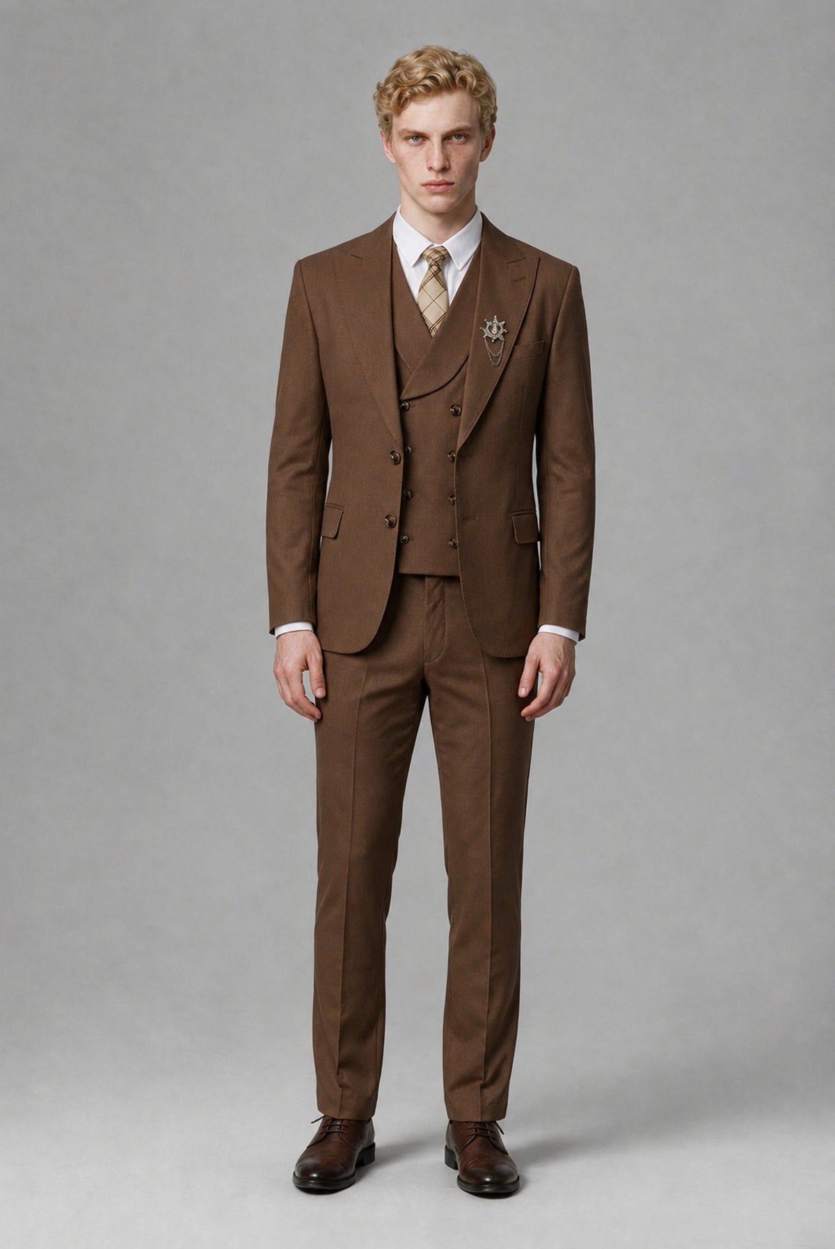 Savile Men's Brown Three-Piece Wedding Suit with Double-Breasted Waistcoat - Brown