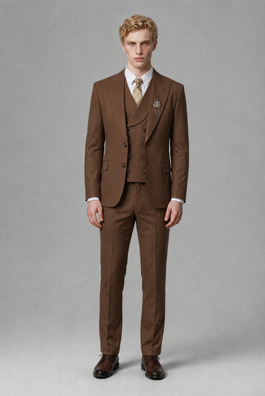 Savile Men's Brown Three-Piece Wedding Suit with Double-Breasted Waistcoat - Brown