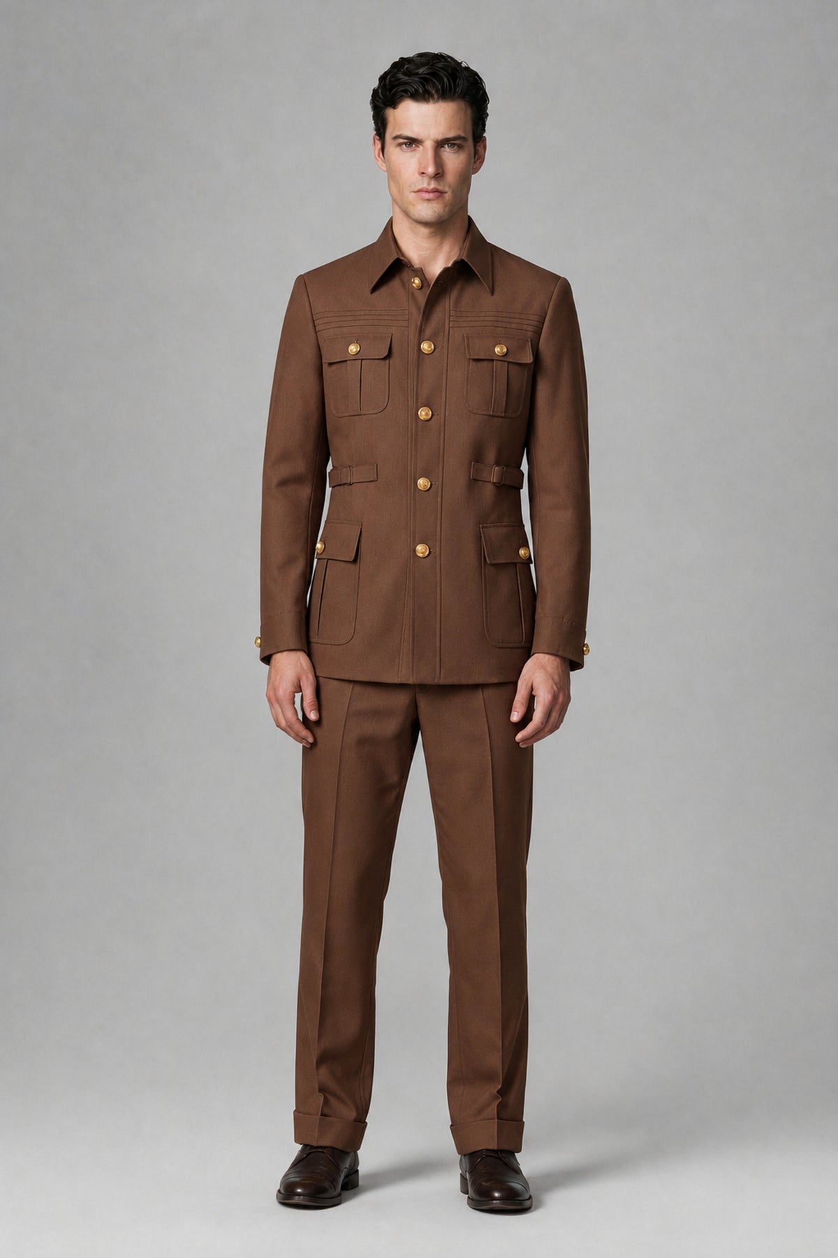 Savile Brown Safari Jacket & Trousers Two-Piece Men's Suit - Brown