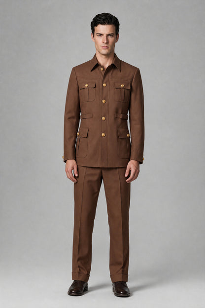 Savile Brown Safari Jacket & Trousers Two-Piece Men's Suit - Brown
