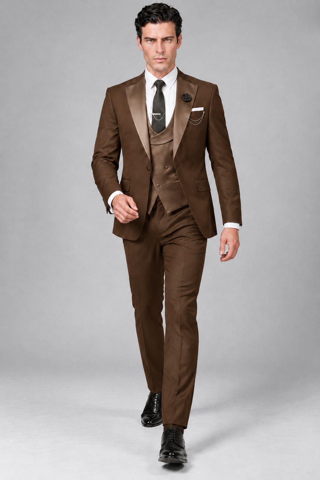 Savile Men's Brown 3-Piece Tuxedo Suit – Contrast Silver Peak Lapel & Grey Vest Formal Set - Brown - Brown_2