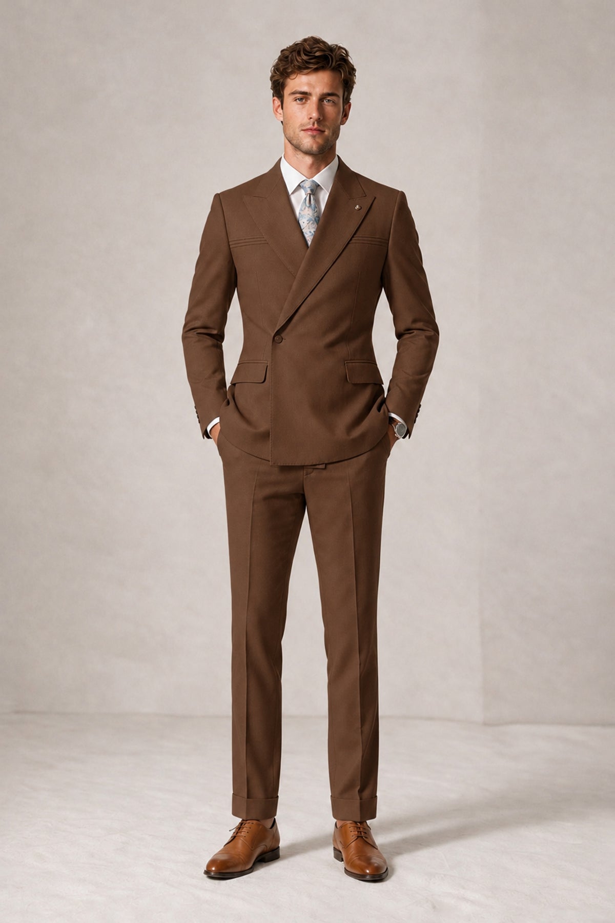 Savile Men's Brown Double-Breasted Slim Fit 2-Piece Suit Set – Peak Lapel Blazer & Cuffed Trousers | Wedding Prom Formal - Brown