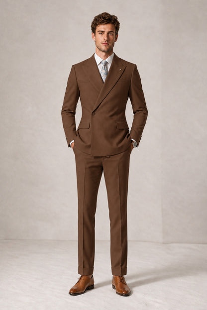 Savile Men's Brown Double-Breasted Slim Fit 2-Piece Suit Set – Peak Lapel Blazer & Cuffed Trousers | Wedding Prom Formal - Brown