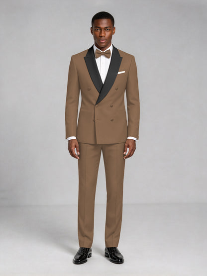 Men's Brown Double-Breasted Tuxedo Suit – Satin Shawl Lapel Brown-Tie Wedding & Gala 2-Piece Set - Brown