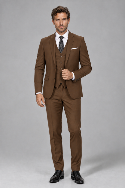 Savile Men's Brown 3-Piece Suit Set – Notch Lapel Blazer, Vest & Trousers - Brown - Brown_2