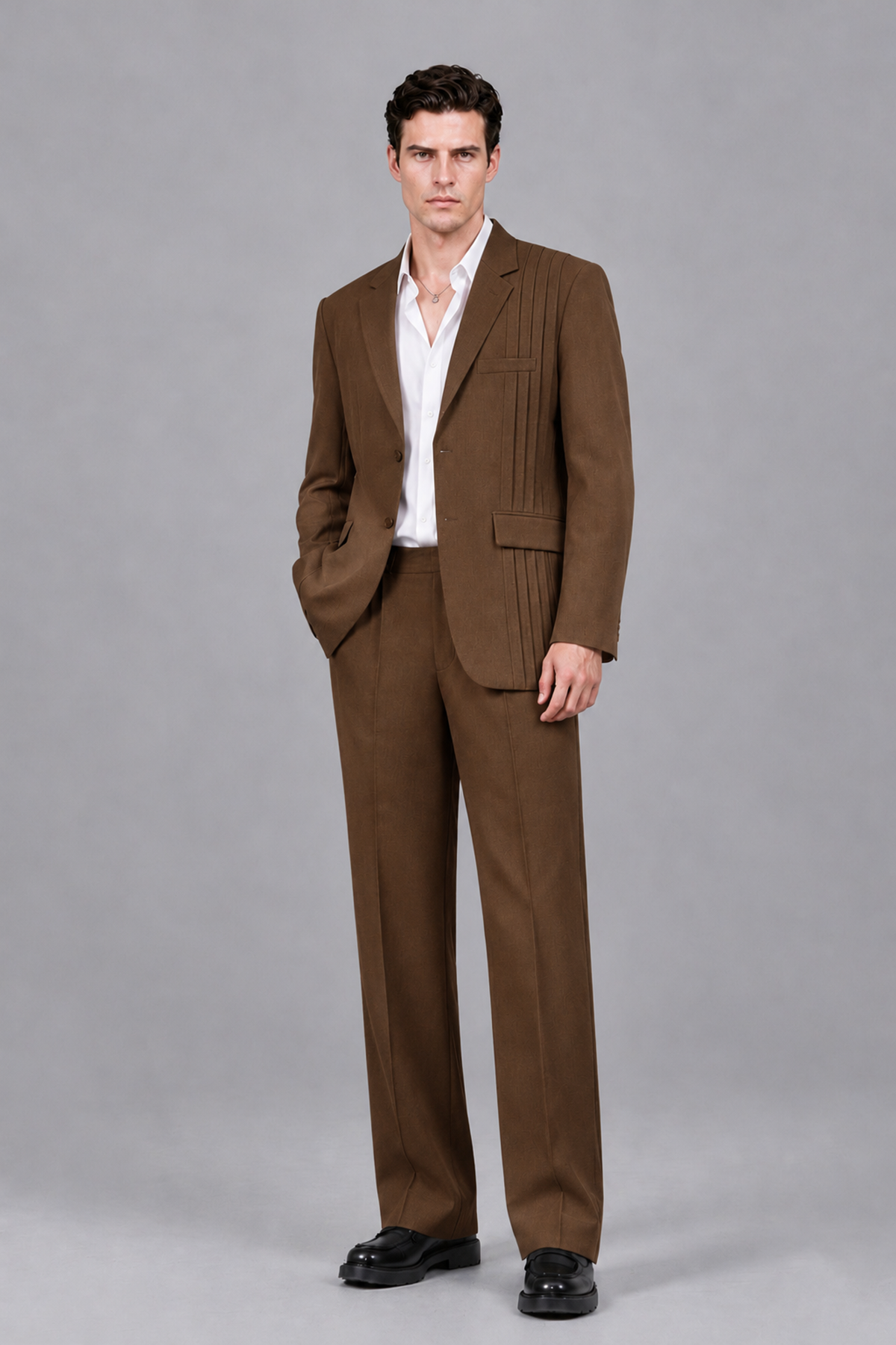 Savile Men's Brown Pleated 2-Piece Suit Set | Notch Lapel Blazer & Tailored Trousers - Brown - Brown_2