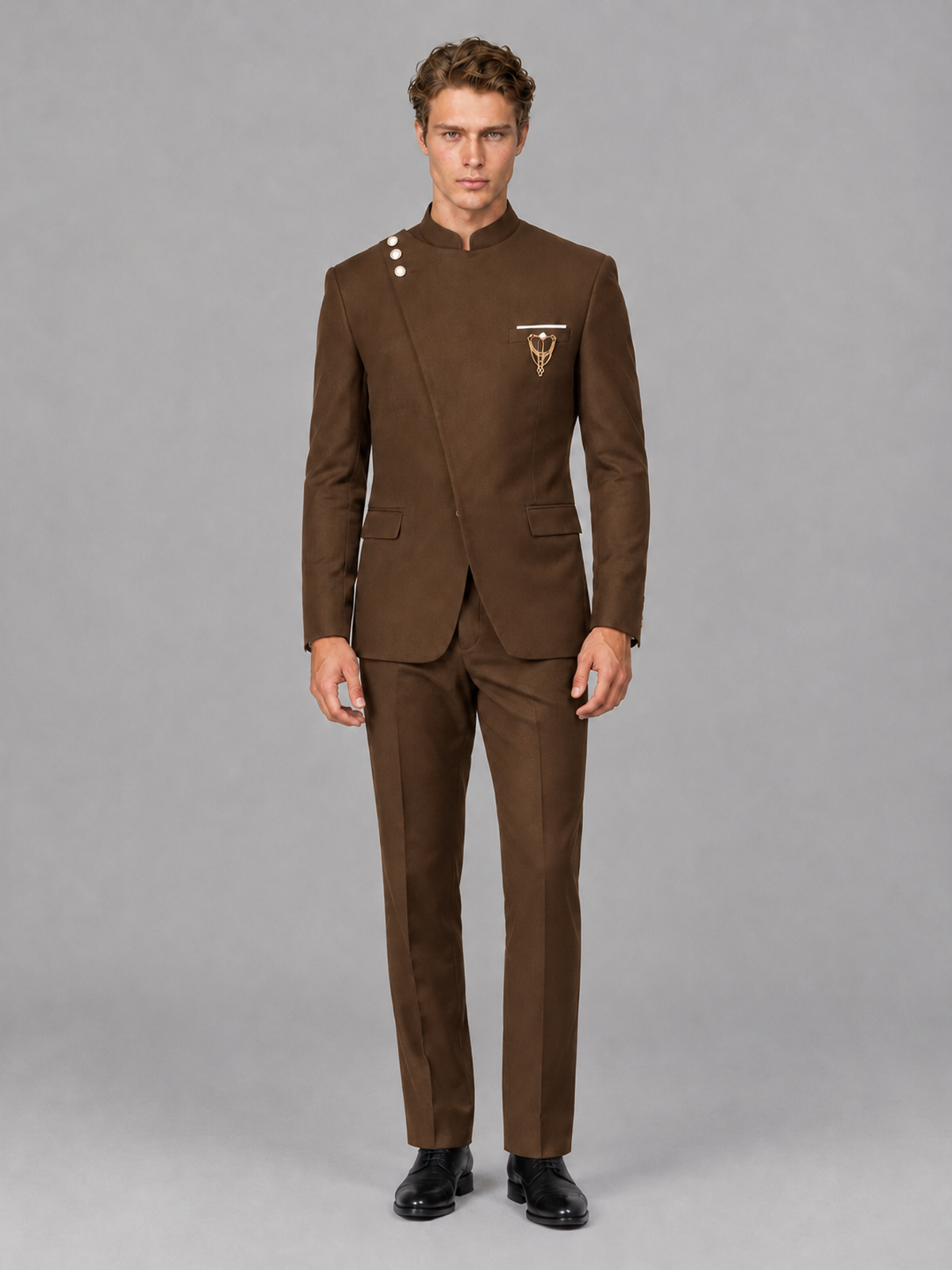 Savile Men's Brown Mandarin Collar Asymmetrical 2-Piece Suit Set – Modern Jacket & Trousers - Brown - Brown_2