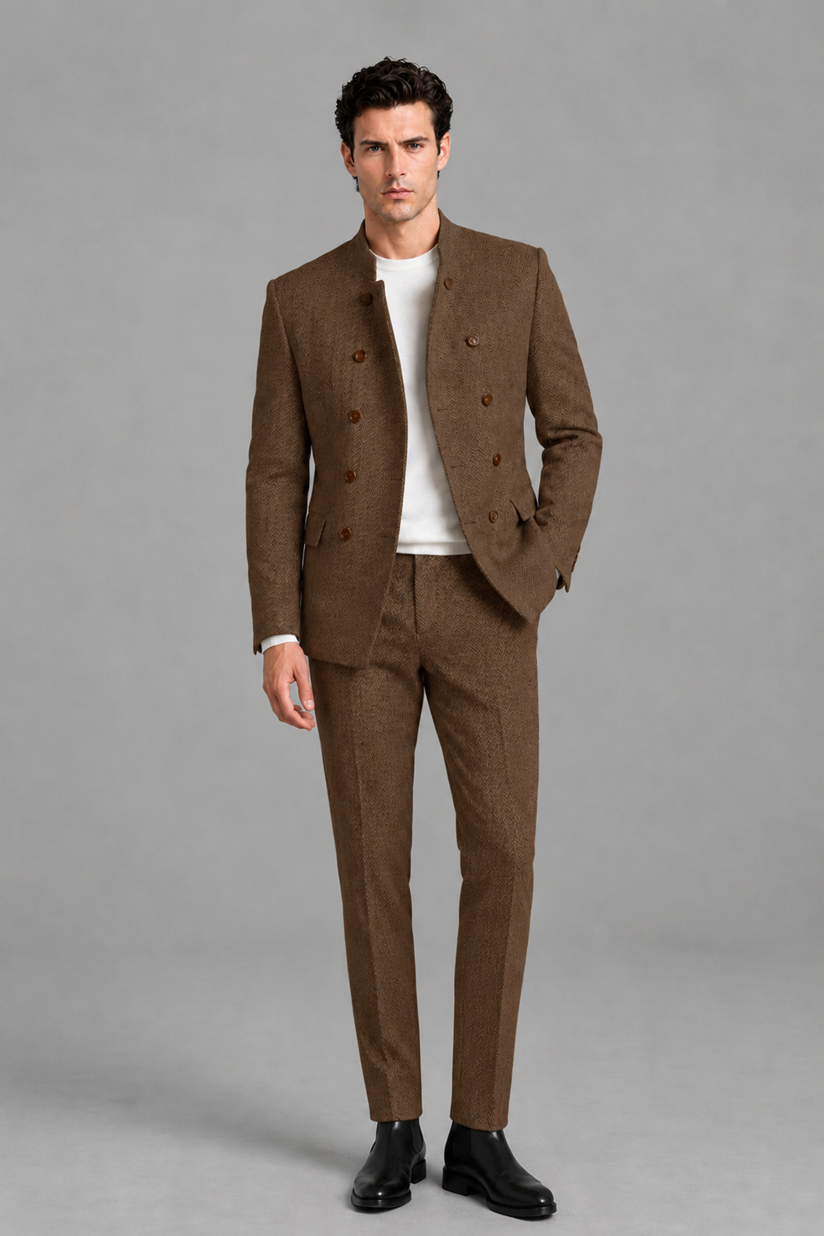 Savile Men's Brown Stand Collar Double Breasted Slim Fit 2-Piece Suit Set – Jacket & Trousers | Wedding Gala Formal - Brown