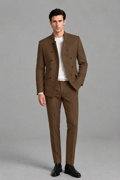 Savile Men's Brown Stand Collar Double Breasted Slim Fit 2-Piece Suit Set – Jacket & Trousers | Wedding Gala Formal - Brown