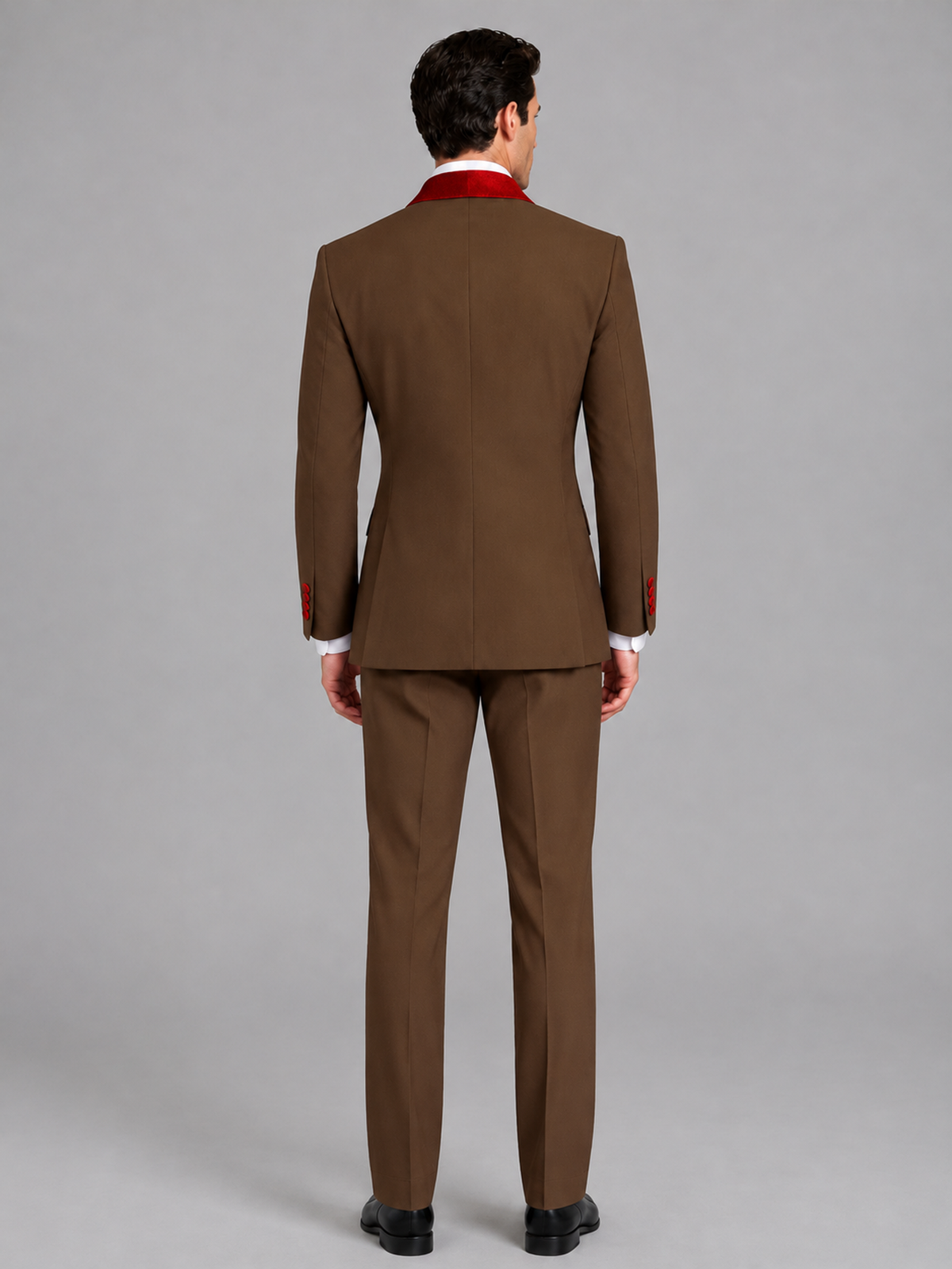 Savile Men's Brown 3-Piece Tuxedo Suit Set – Contrast Red Shawl Lapel Blazer, Red Waistcoat & Trousers - SUC020 - Brown