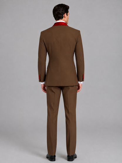 Savile Men's Brown 3-Piece Tuxedo Suit Set – Contrast Red Shawl Lapel Blazer, Red Waistcoat & Trousers - SUC020 - Brown