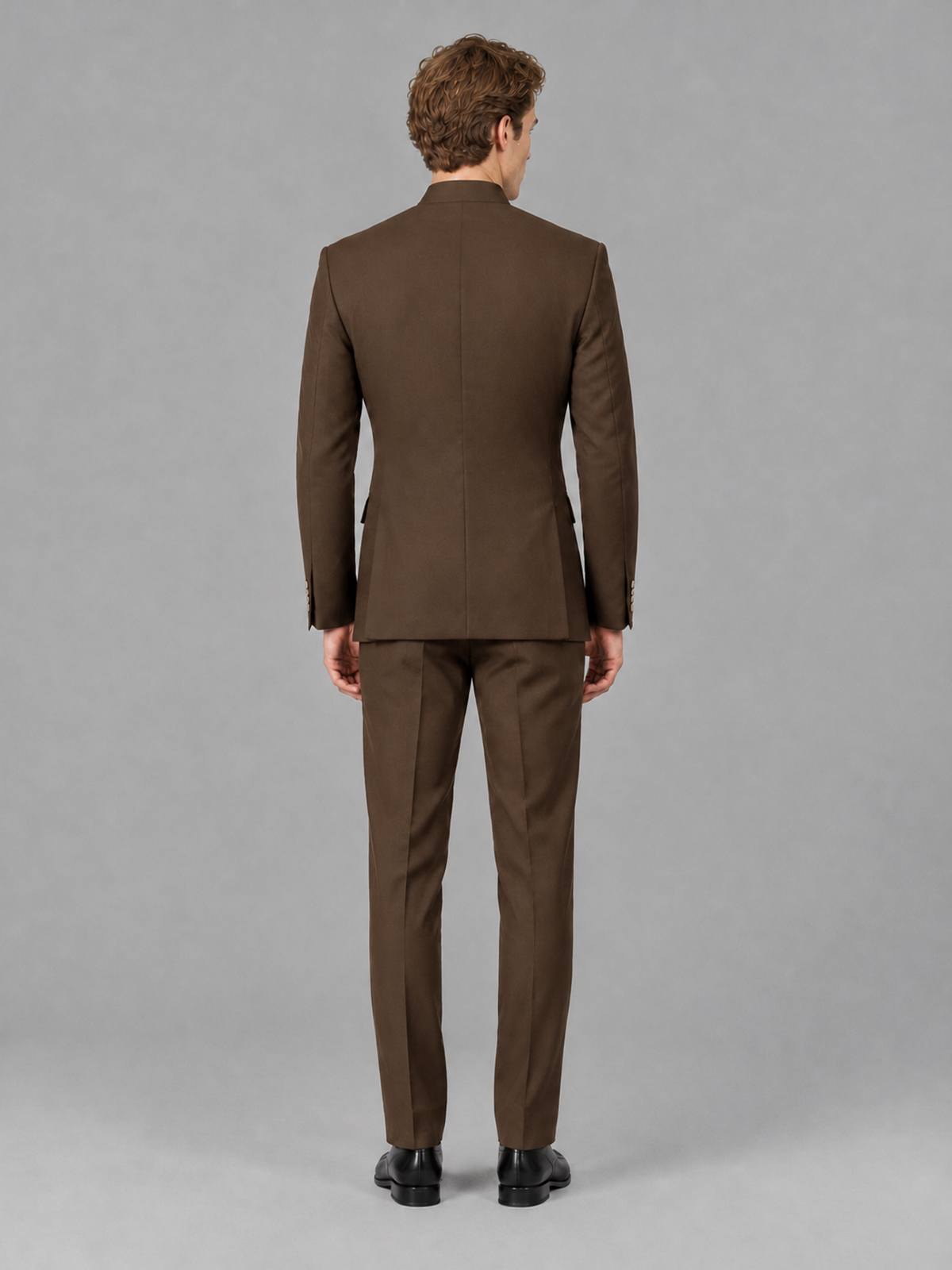 Savile Men's Brown Mandarin Collar Asymmetrical 2-Piece Suit Set – Modern Jacket & Trousers - Brown - Brown_3