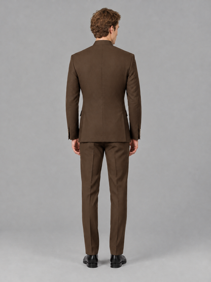 Savile Men's Brown Mandarin Collar Asymmetrical 2-Piece Suit Set – Modern Jacket & Trousers - Brown - Brown_3