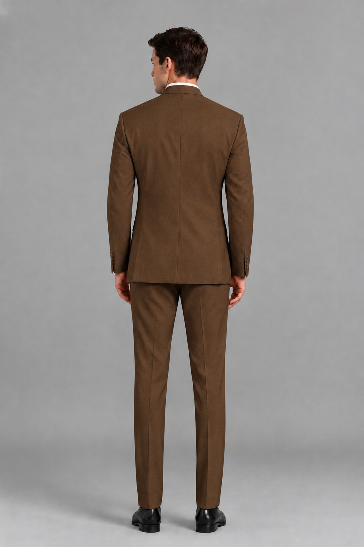 Savile Men's Brown Asymmetrical Mandarin Collar Tuxedo Suit – Modern 2-Piece Gold Button Wedding, Prom & Gala Set - Brown - Brown_3