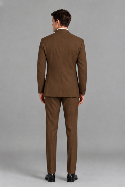 Savile Men's Brown Asymmetrical Mandarin Collar Tuxedo Suit – Modern 2-Piece Gold Button Wedding, Prom & Gala Set - Brown - Brown_3