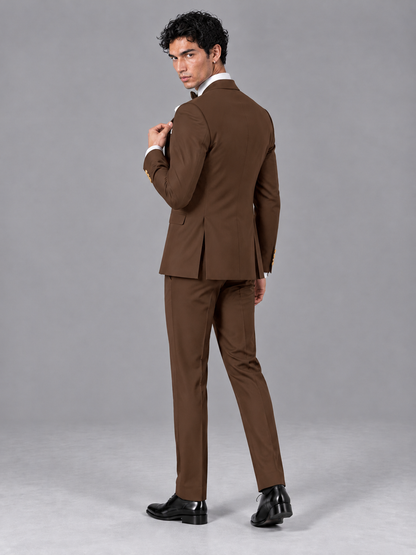 Savile Men's Brown Contrast White Peak Lapel 3-Piece Tuxedo Suit - Brown