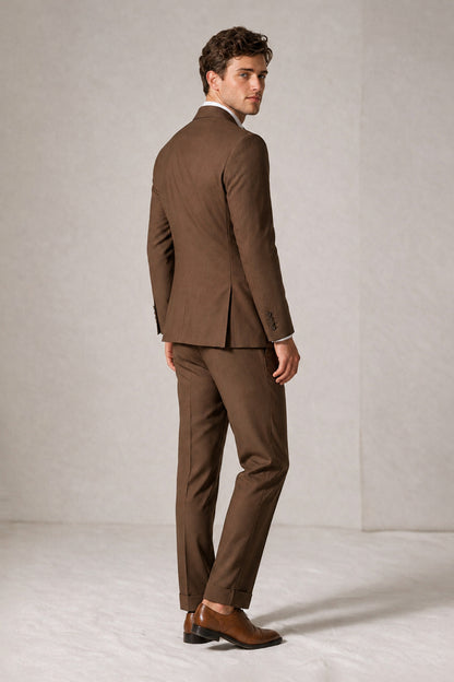 Savile Men's Brown Double-Breasted Slim Fit 2-Piece Suit Set – Peak Lapel Blazer & Cuffed Trousers | Wedding Prom Formal - Brown