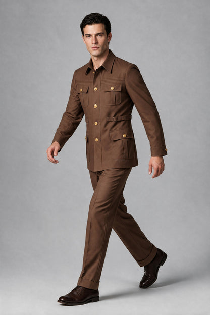 Savile Brown Safari Jacket & Trousers Two-Piece Men's Suit - Brown