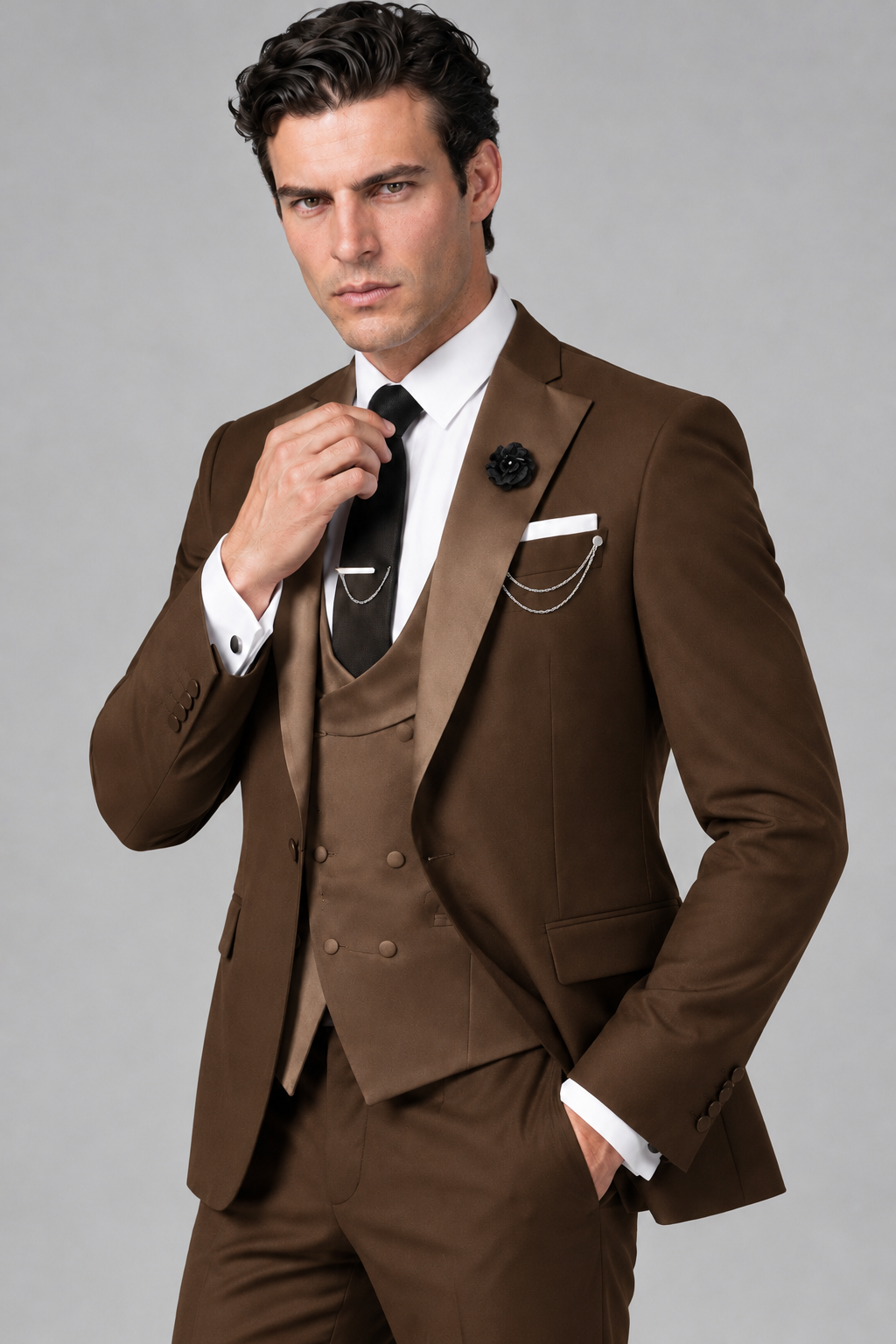 Savile Men's Brown 3-Piece Tuxedo Suit – Contrast Silver Peak Lapel & Grey Vest Formal Set - Brown - Brown_3