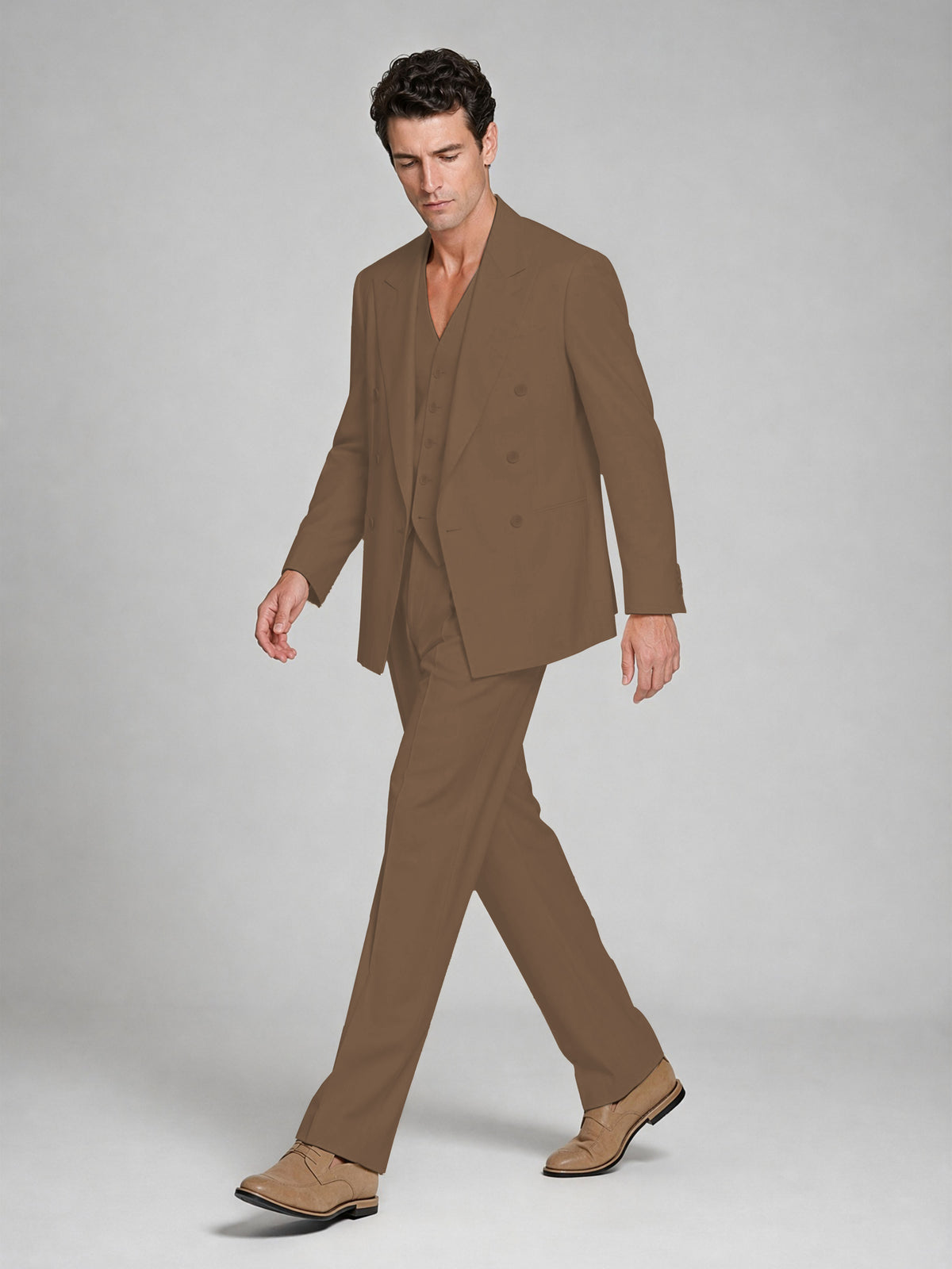 Men's Brown Double-Breasted 2-Piece Suit – Peak Lapel Wedding & Beach Formal Set with Vest - Brown