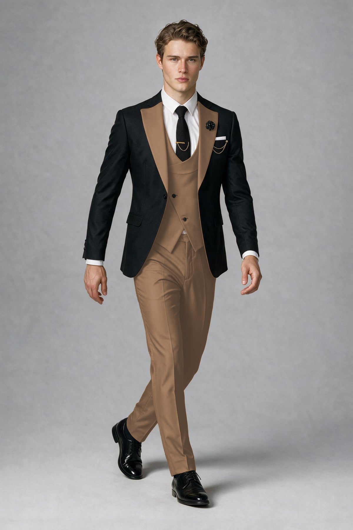Savile Men's Black & Brown Three-Piece Wedding Suit - Brown
