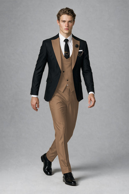 Savile Men's Black & Brown Three-Piece Wedding Suit - Brown