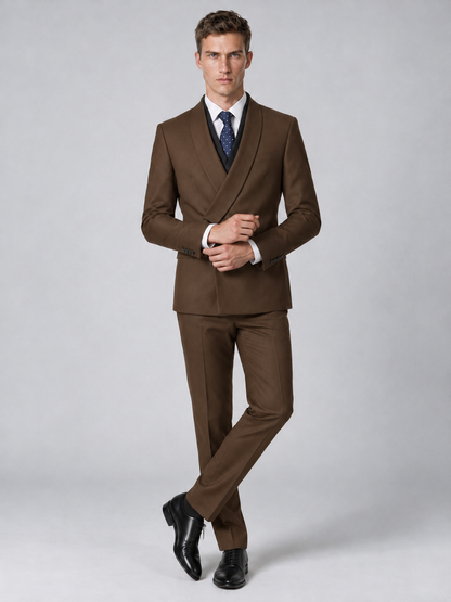 Savile Men's Brown Wrap Shawl Lapel 2-Piece Suit Set – Modern Jacket & Trousers - Brown - Brown_4