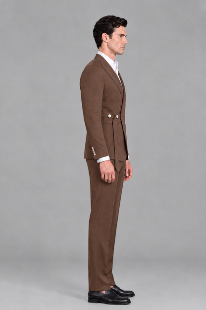 Savile Men's Modern Brown 2-Piece Wrap Suit Set – Peak Lapel Side-Button Blazer & Tailored Trousers - Brown - Brown_4