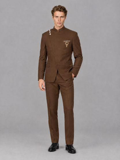 Savile Men's Brown Mandarin Collar Asymmetrical 2-Piece Suit Set – Modern Jacket & Trousers - Brown - Brown_4