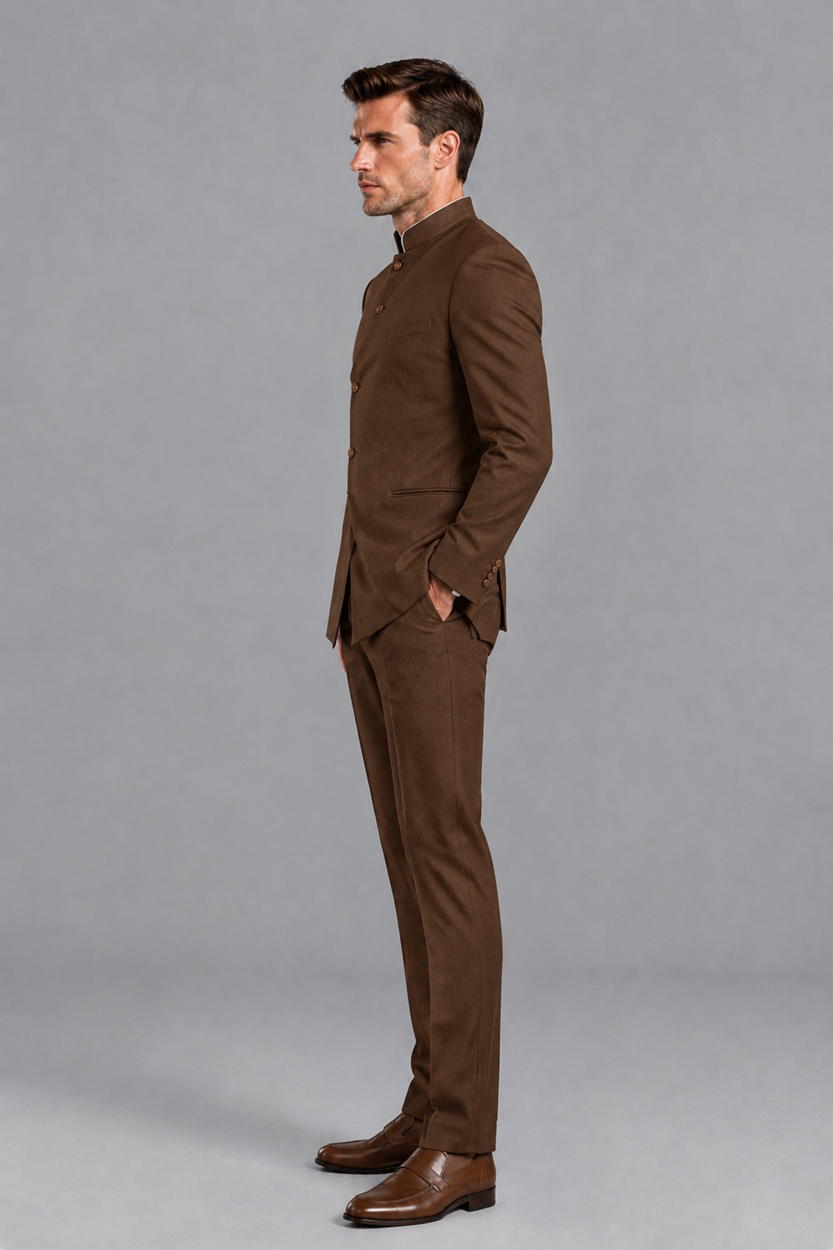 Savile Men's Brown Asymmetrical Mandarin Collar Tuxedo Suit – Modern 2-Piece Gold Button Wedding, Prom & Gala Set - Brown - Brown_4