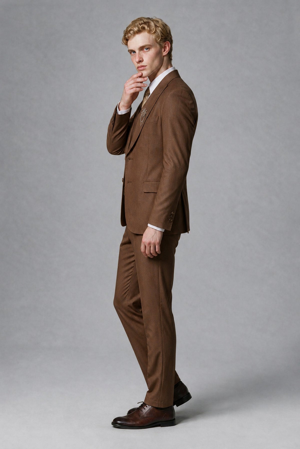 Savile Men's Brown Three-Piece Wedding Suit with Double-Breasted Waistcoat - Brown