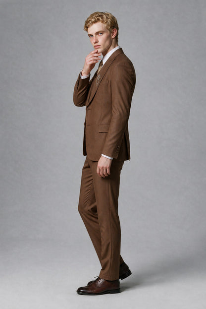 Savile Men's Brown Three-Piece Wedding Suit with Double-Breasted Waistcoat - Brown