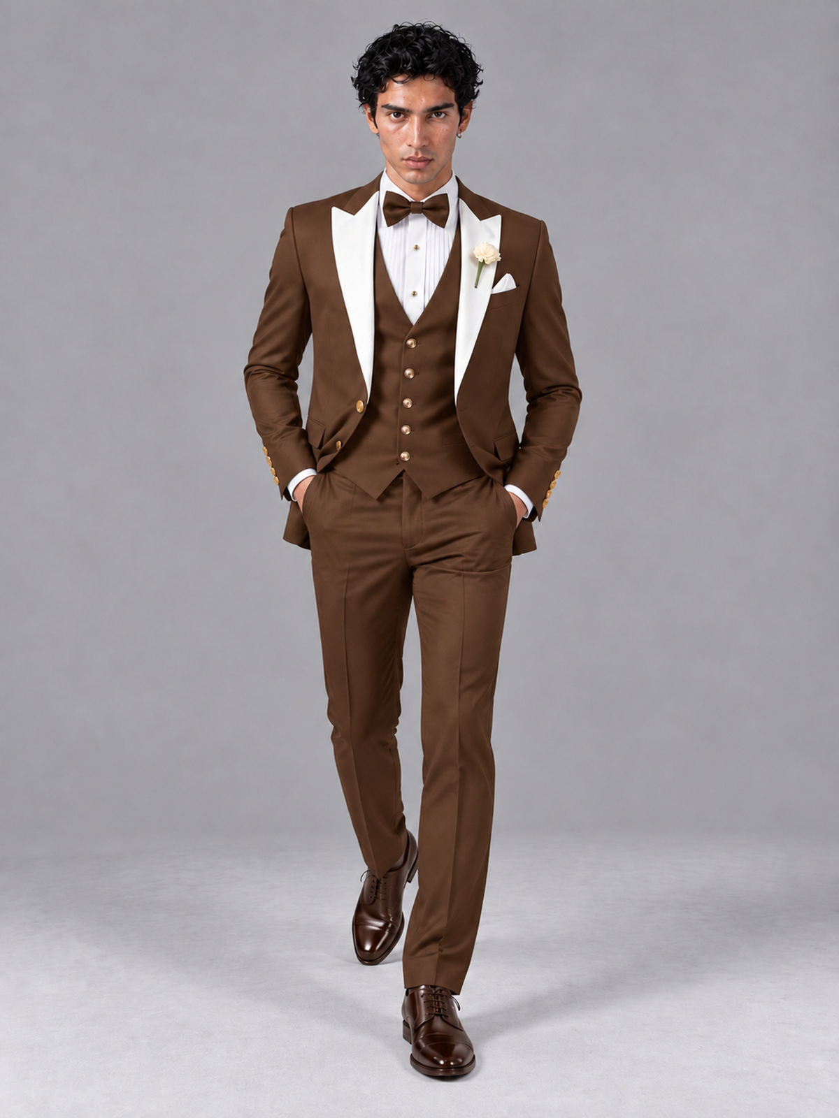 Savile Men's Brown Contrast White Peak Lapel 3-Piece Tuxedo Suit - Brown