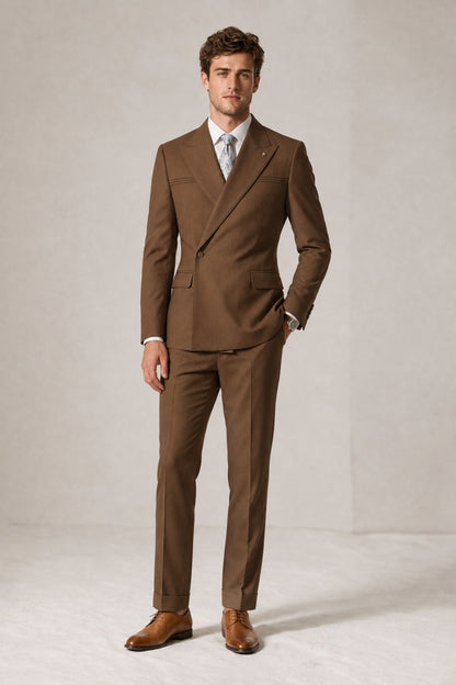 Savile Men's Brown Double-Breasted Slim Fit 2-Piece Suit Set – Peak Lapel Blazer & Cuffed Trousers | Wedding Prom Formal - Brown